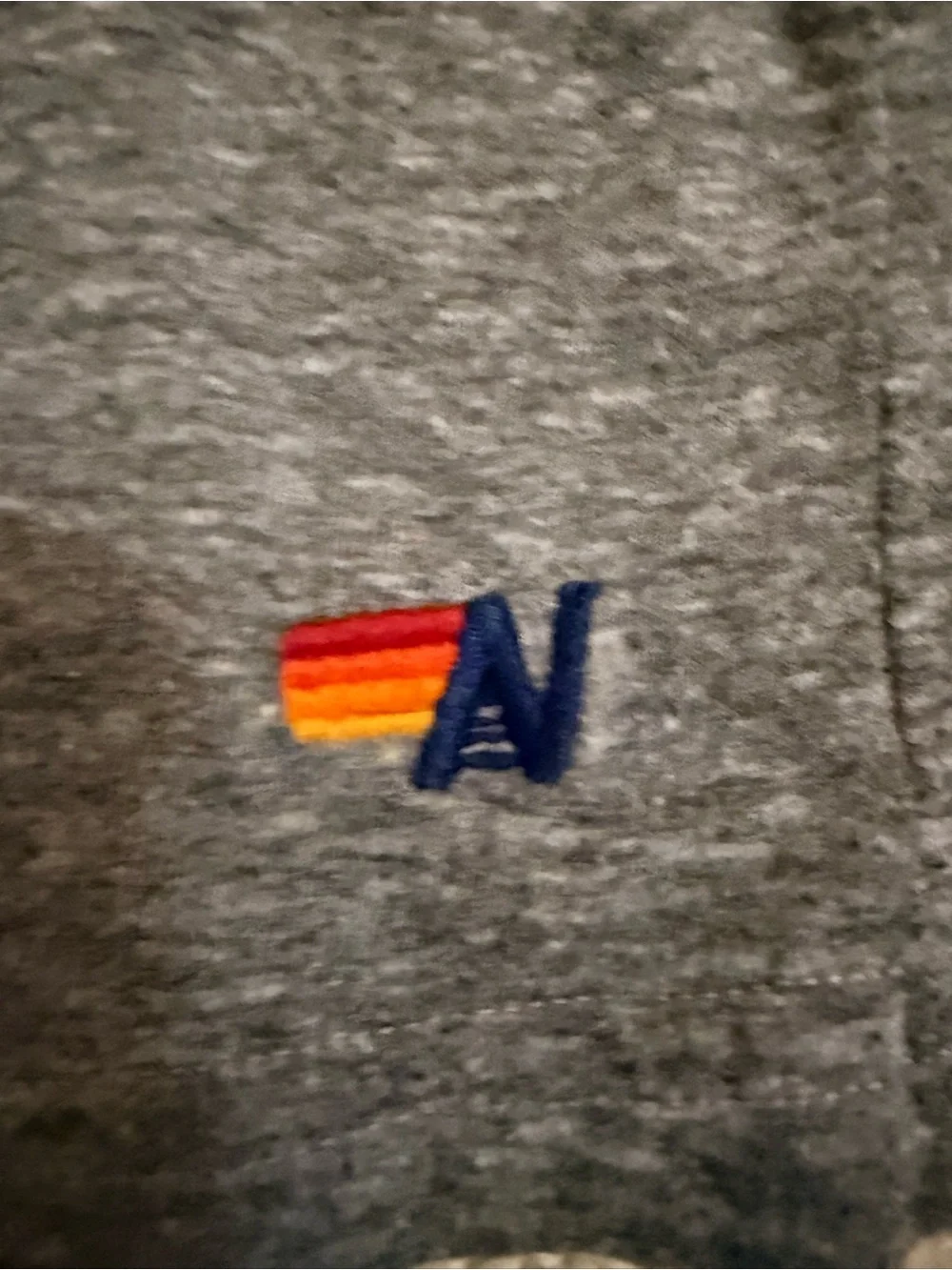 Aviator Nation Grey Tee with Blue Logo and Red-Orange-Yellow Stripe